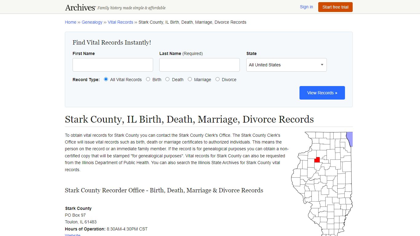 Stark County, IL Birth, Death, Marriage, Divorce Records